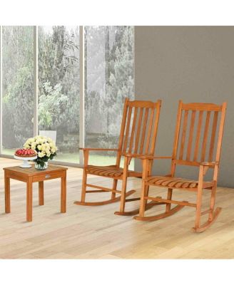 3 PCS Eucalyptus Rocking Chair Set W/ Coffee Table 2 Wood Conversation Chairs