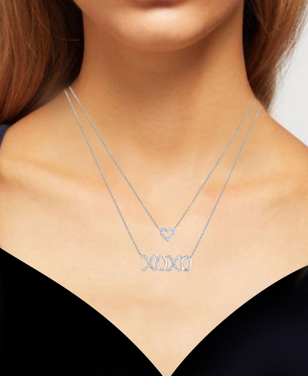Macy's Diamond Heart And Xoxo 17" Layered Necklace (1/10 Ct. T.w.) In Sterling Silver In Silver