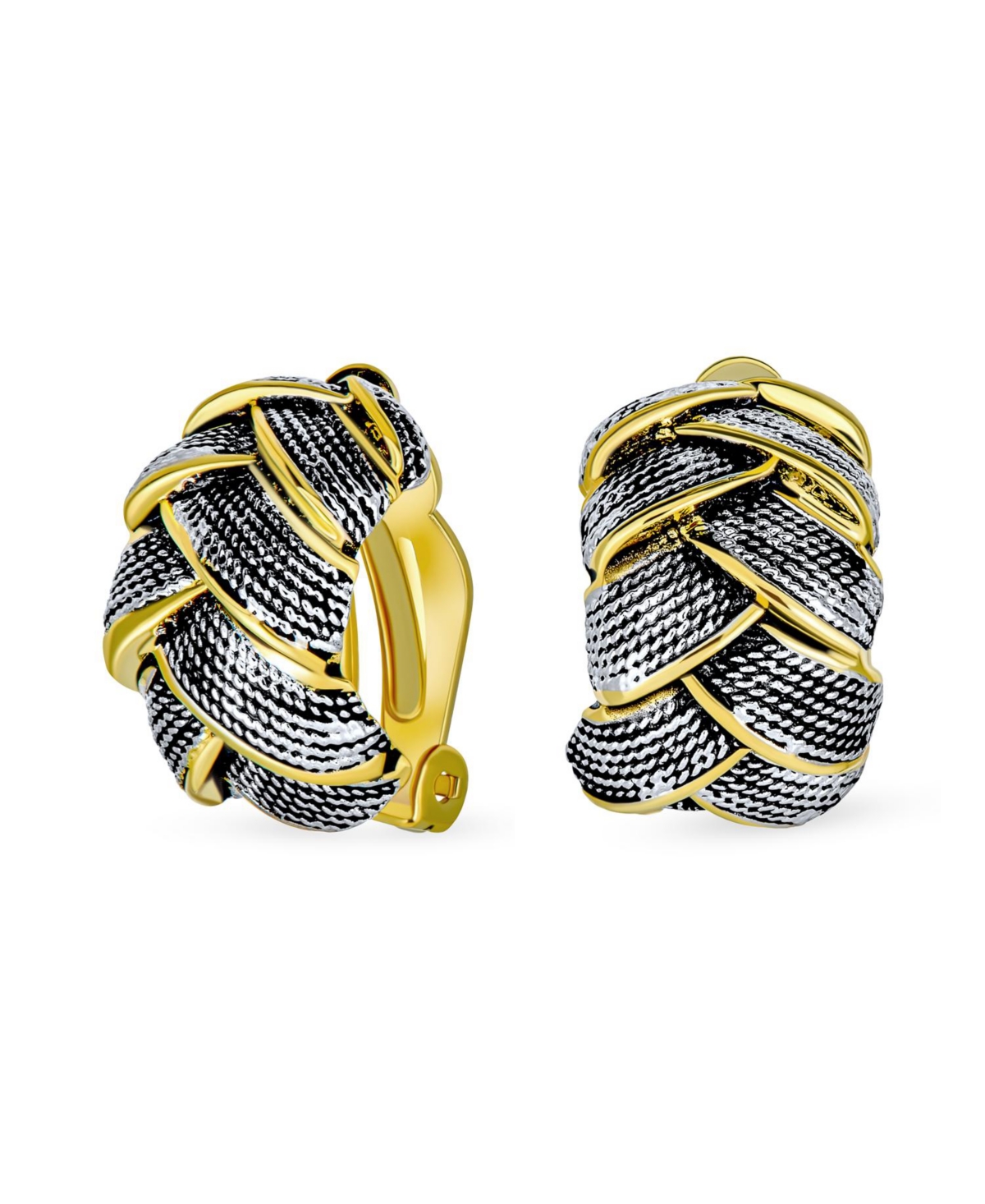 Bling Jewelry Half Hoop Shrimp Style Two Tone Woven Cable Braided Dome Weave Clip On Earrings Non Pierced Ears Oxidized Silver Gold Plated Brass - Gol