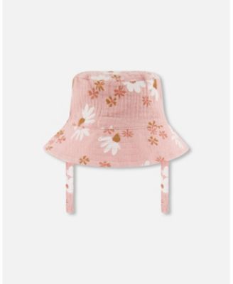Baby Girls Printed Muslin Bucket Hat Pink And White Flowers