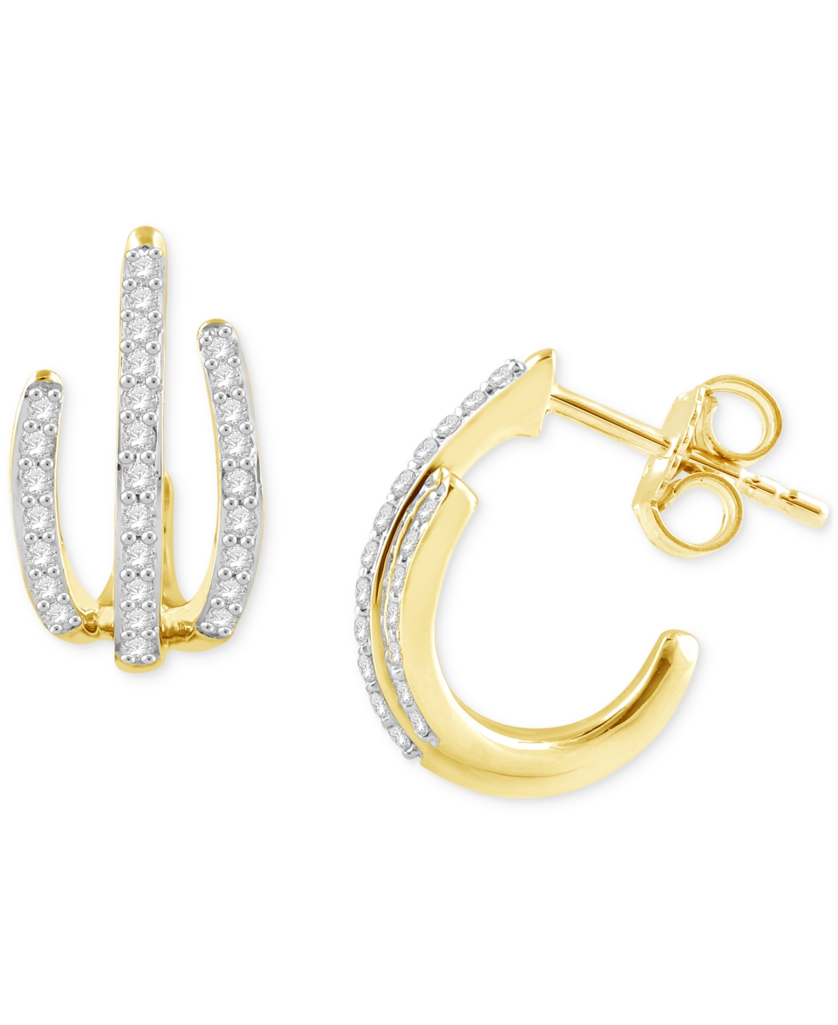 Macy's Diamond Triple Row Huggie Hoop Earrings (1/3 Ct. T.w.) In 14k Gold-plated Sterling Silver In Yellow Gro
