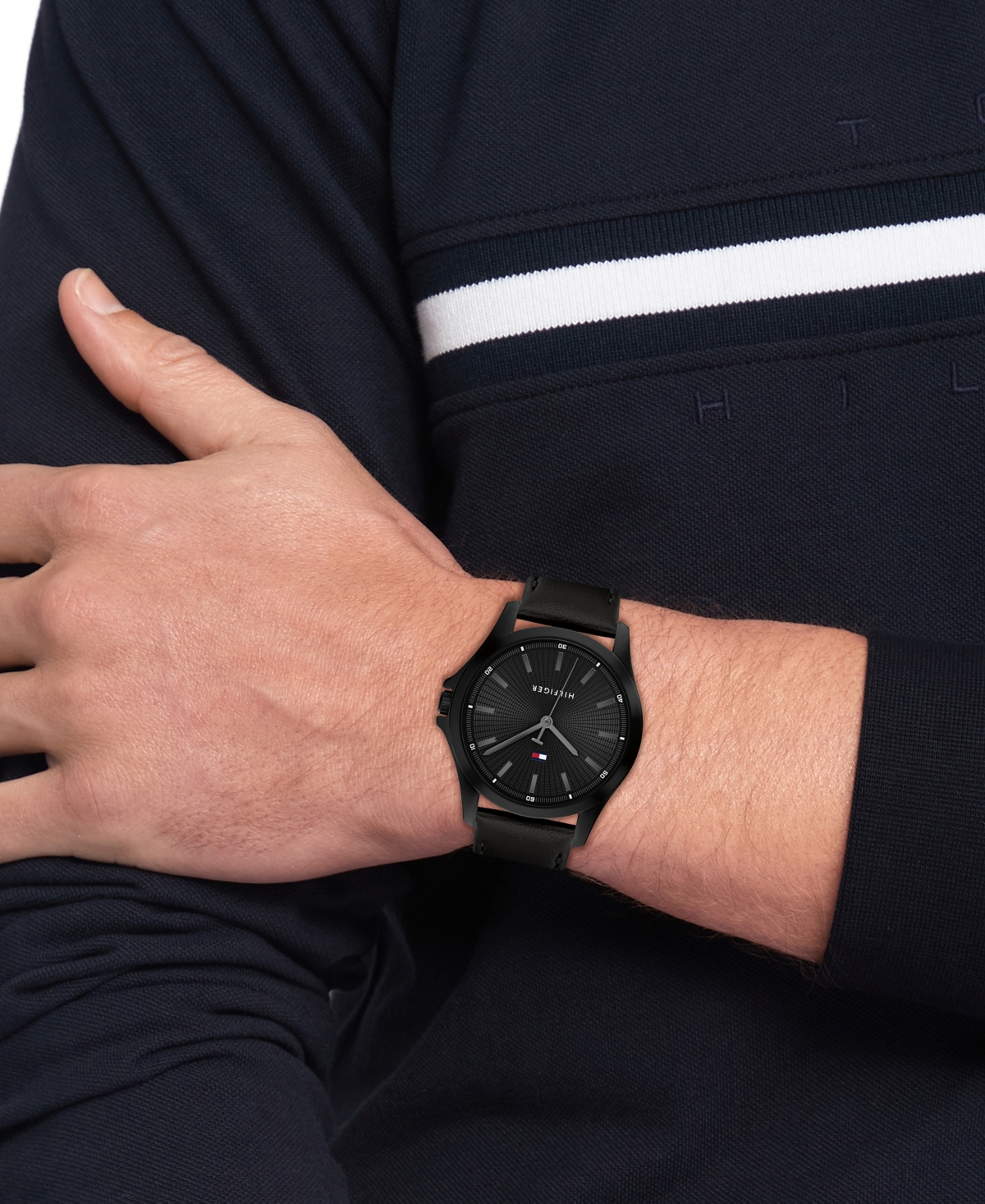 Tommy Hilfiger Men's Quartz Black Leather Strap Watch, 43mm In Black