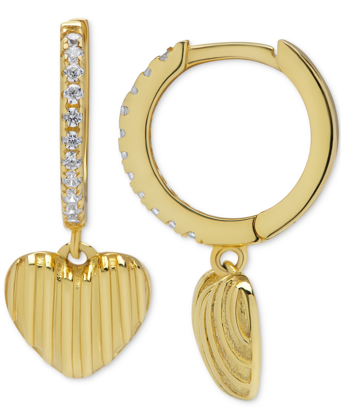 Macy's Lab Grown White Sapphire Dangle Heart Huggie Hoop Earrings (1/5 Ct. T.w.) In 14k Gold-plated Sterlin In Gold