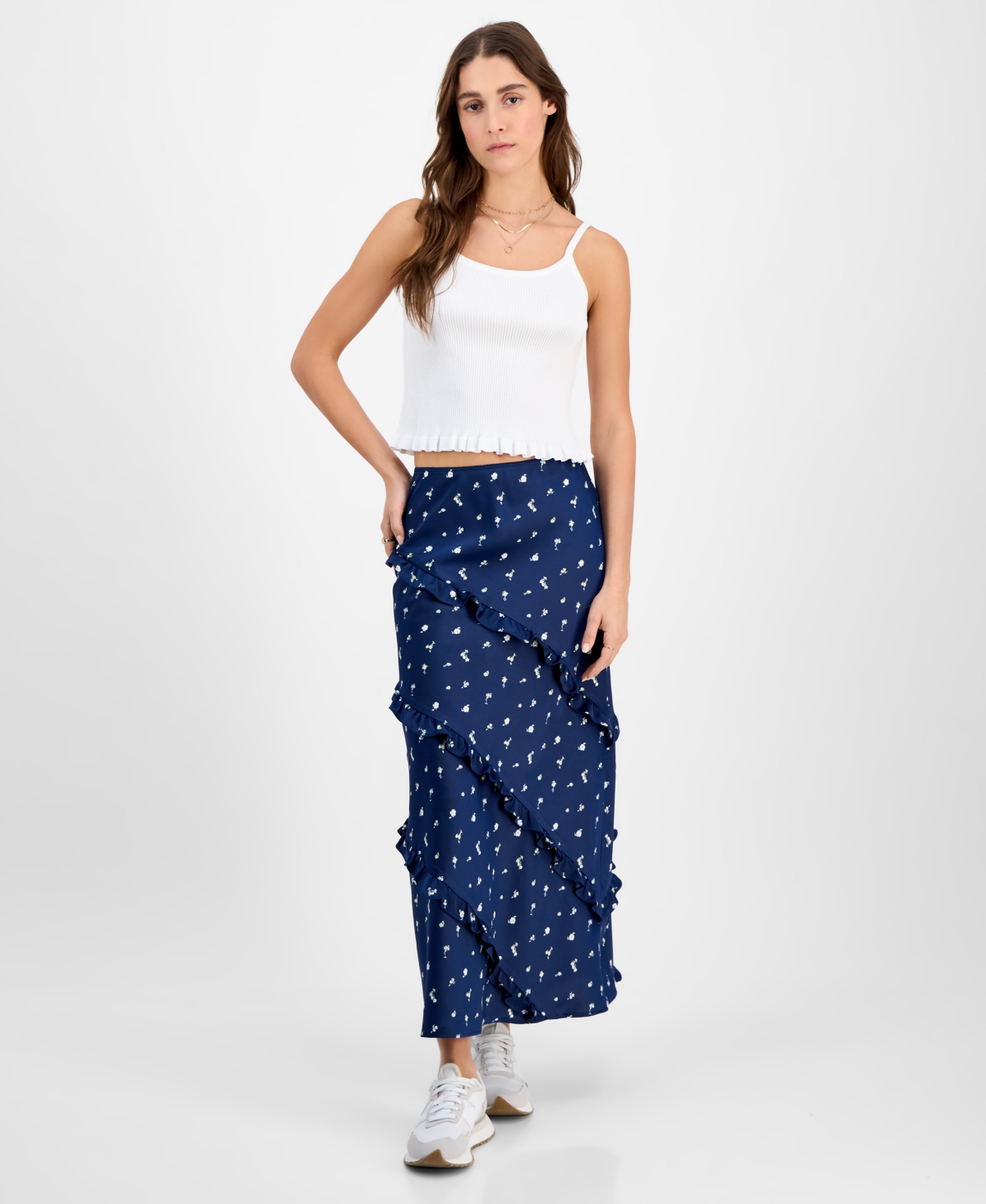 Women's Midi Ruffle Slip Skirt - Navy/white Floral