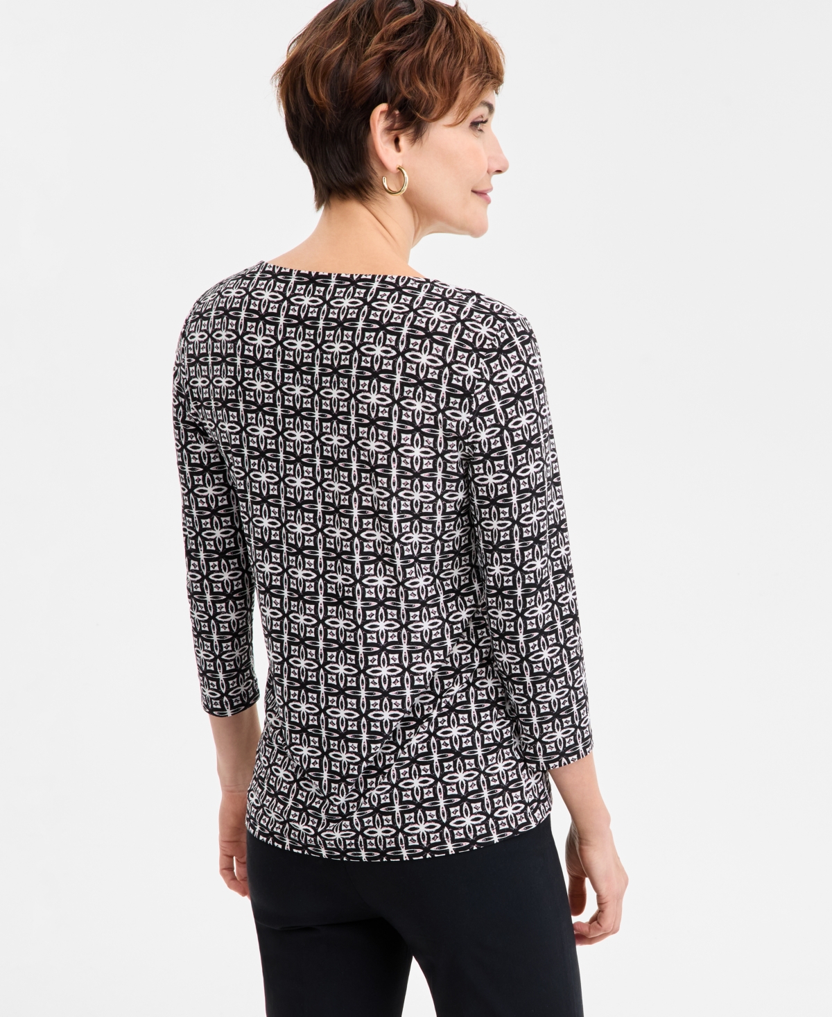 JM COLLECTION WOMEN'S PRINTED 3/4 SLEEVE SCOOP-NECK JACQUARD TOP, EXCLUSIVELY AT MACY'S 