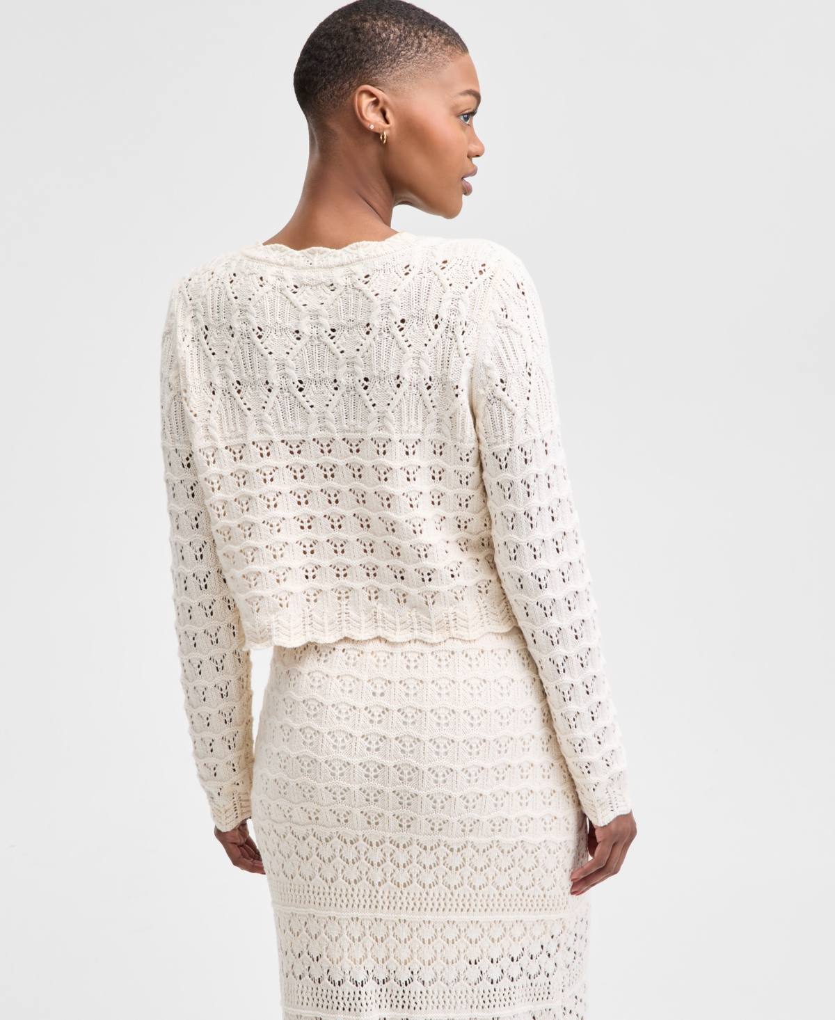 And Now This Women's Petite Patchwork Button-down Crochet-knit Cardigan Sweater, Exclusively At Macy's In Cream