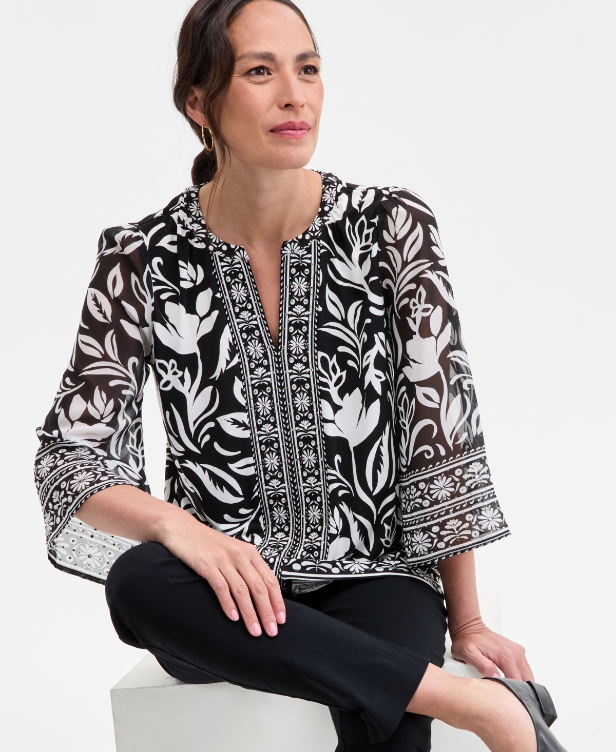 Shop Jm Collection Women's Embellished Split-neck Tunic, Exclusively At Macy's In Deep Black