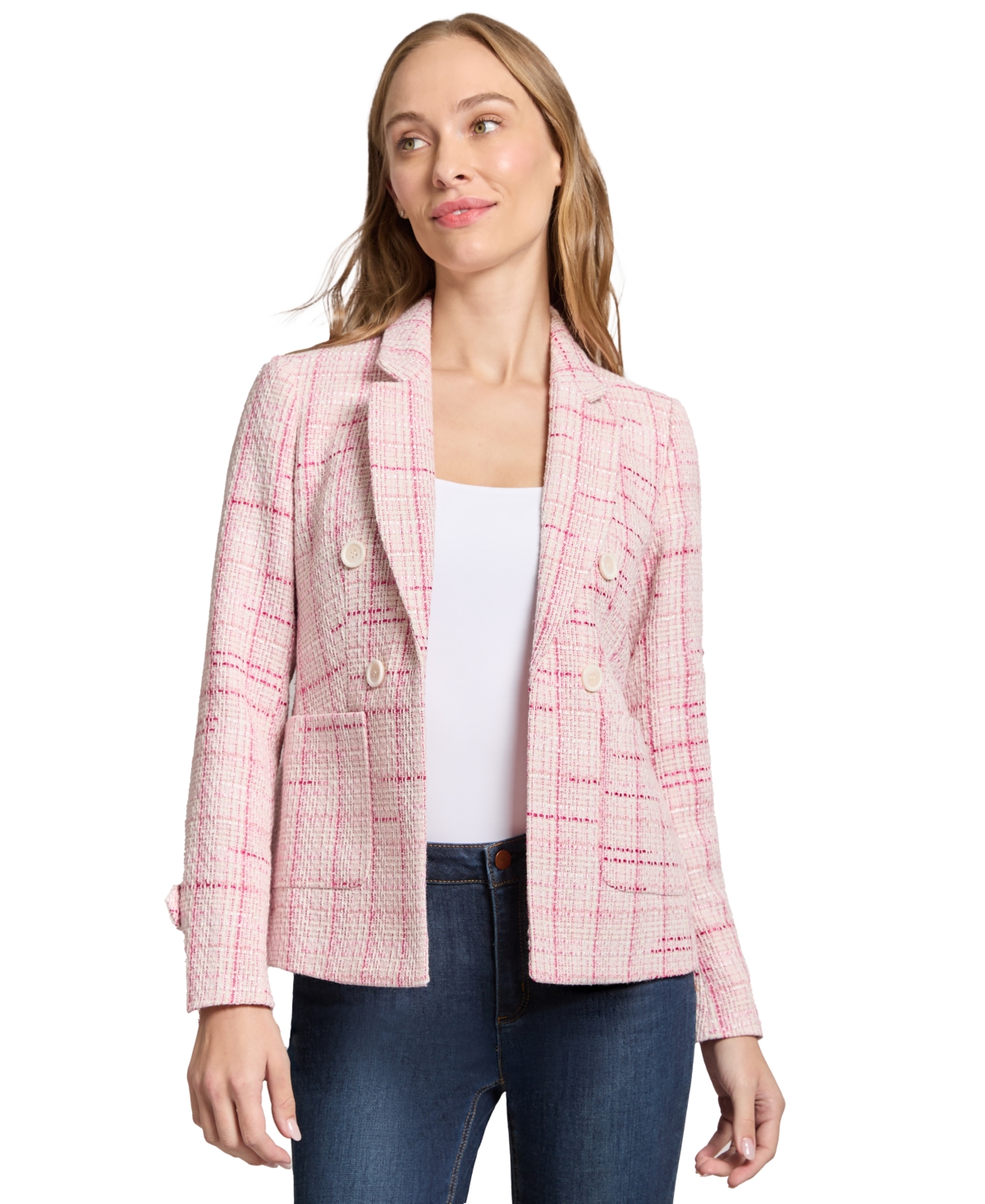 Shop Jones New York Women's Plaid Tweed Blazer In Petal Pink Multi