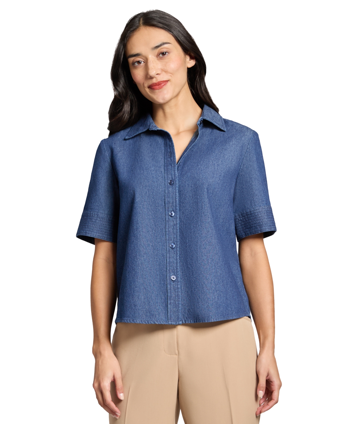 Jones New York Petite Cotton Short-sleeve Chambray Shirt In Dark Wash