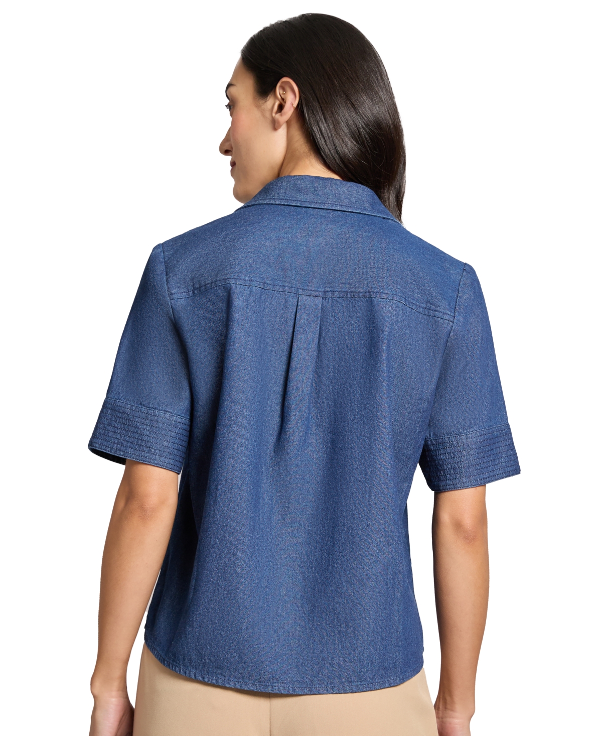 Jones New York Petite Cotton Short-sleeve Chambray Shirt In Dark Wash