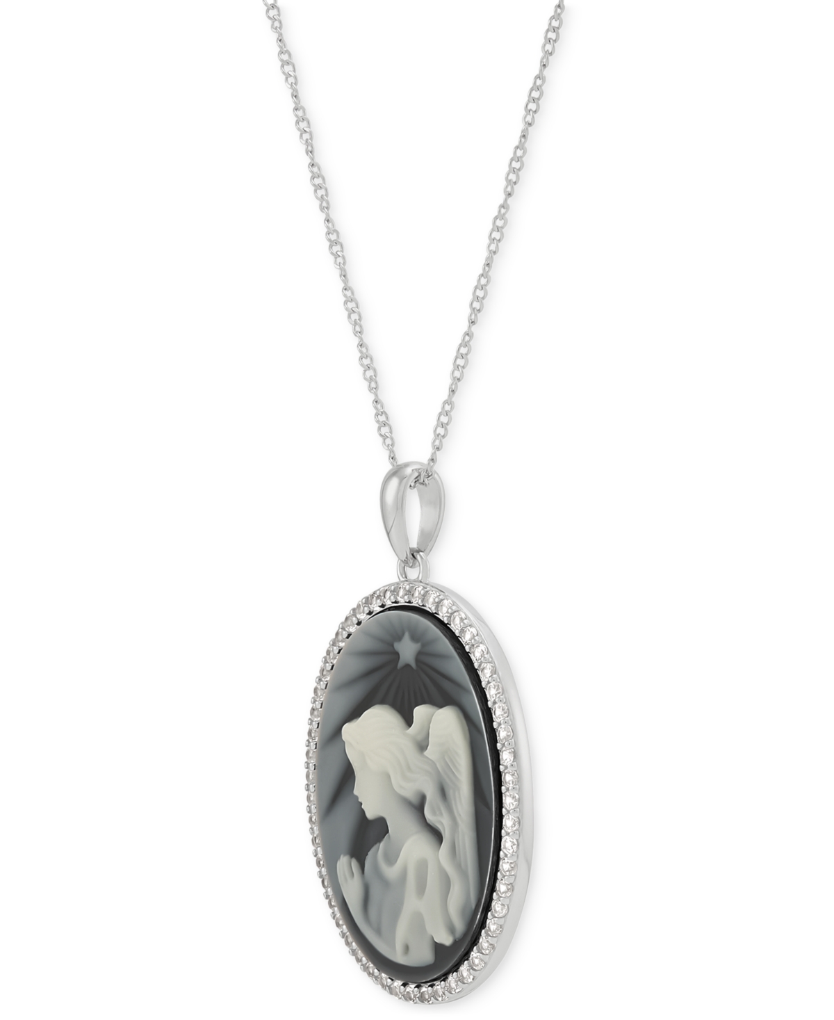 Macy's Shining Star Angel Cameo & Created White Sapphire (5/8 Ct. T.w.) Pendant Necklace In Sterling Silver In Sterling Silver