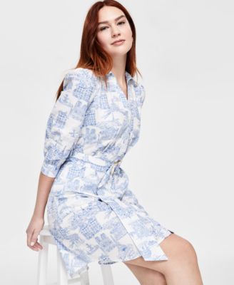 Women's Belted Button-Front Knee length Dress