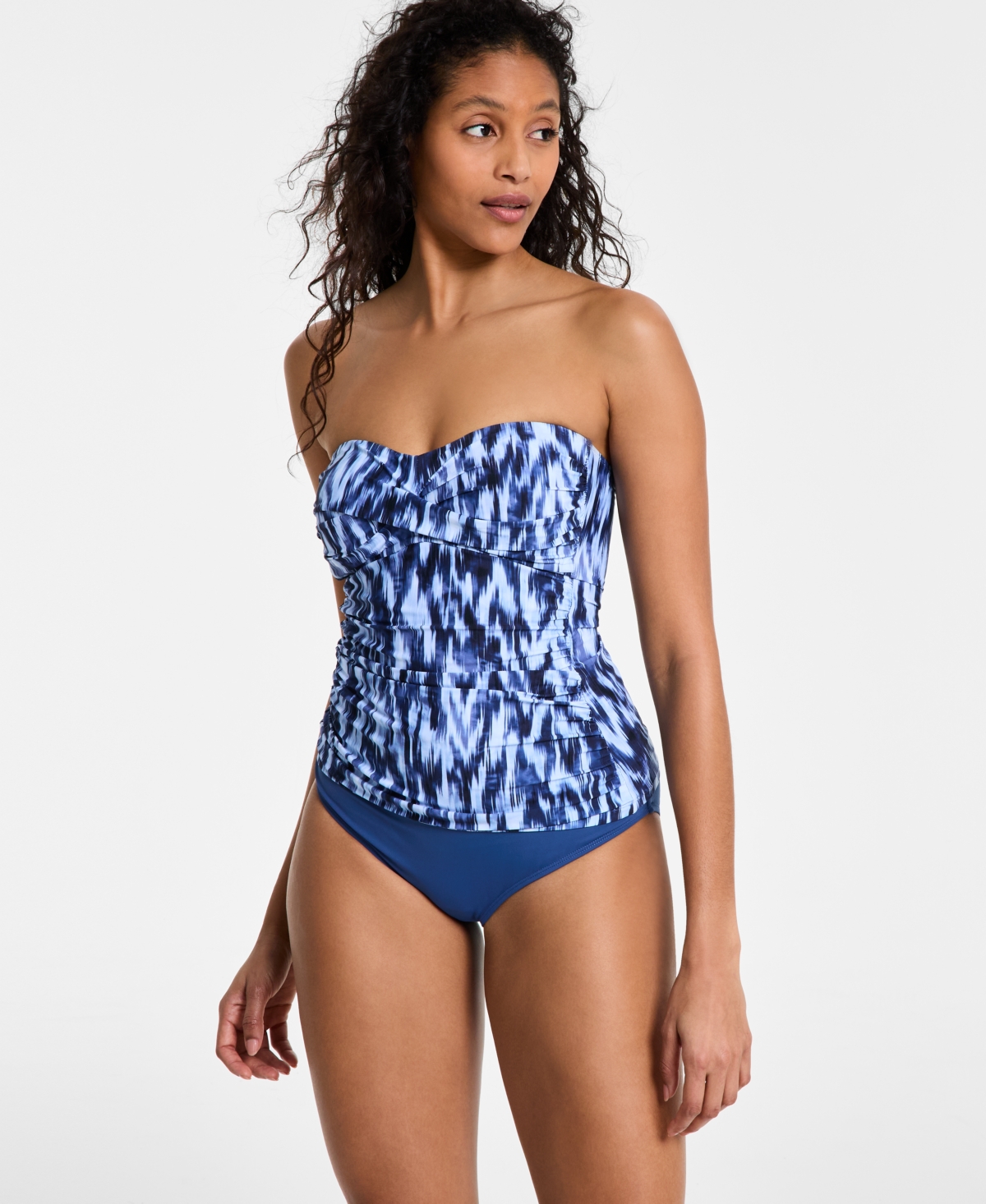 Women's Twist-Front Shirred Bandeau Tankini Top - Blue White
