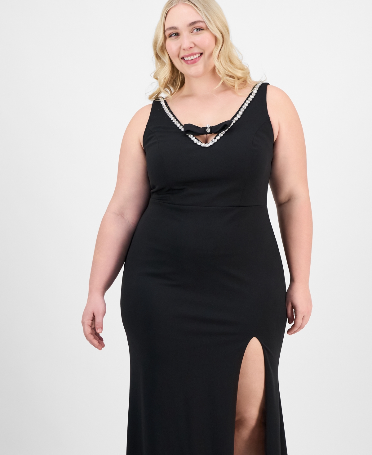 City Studios Trendy Plus Size Rhinestone-trim V-neck Sleeveless Gown In Black