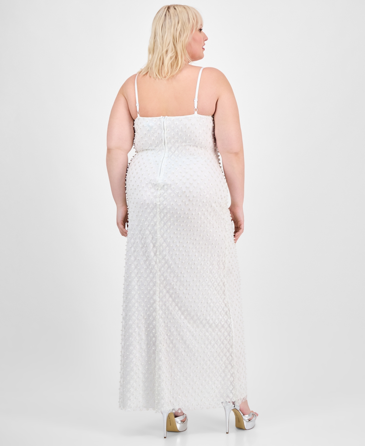 B Darlin Trendy Plus Size Pearl-embellished Mesh Sleeveless Gown In White