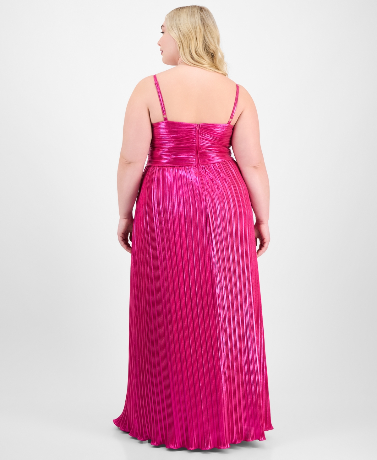 City Studios Trendy Plus Size Pleated Metallic Sleeveless Gown In Dark Pink