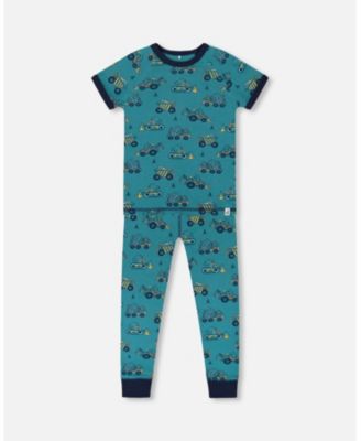 Organic Cotton Two-Piece Short Sleeve Top And Pant Pajama Set Teal With Yellow Truck Organic Cotton Two-Piece Short Sleeve Top And Pant Pajama Set Teal With Yellow Truck