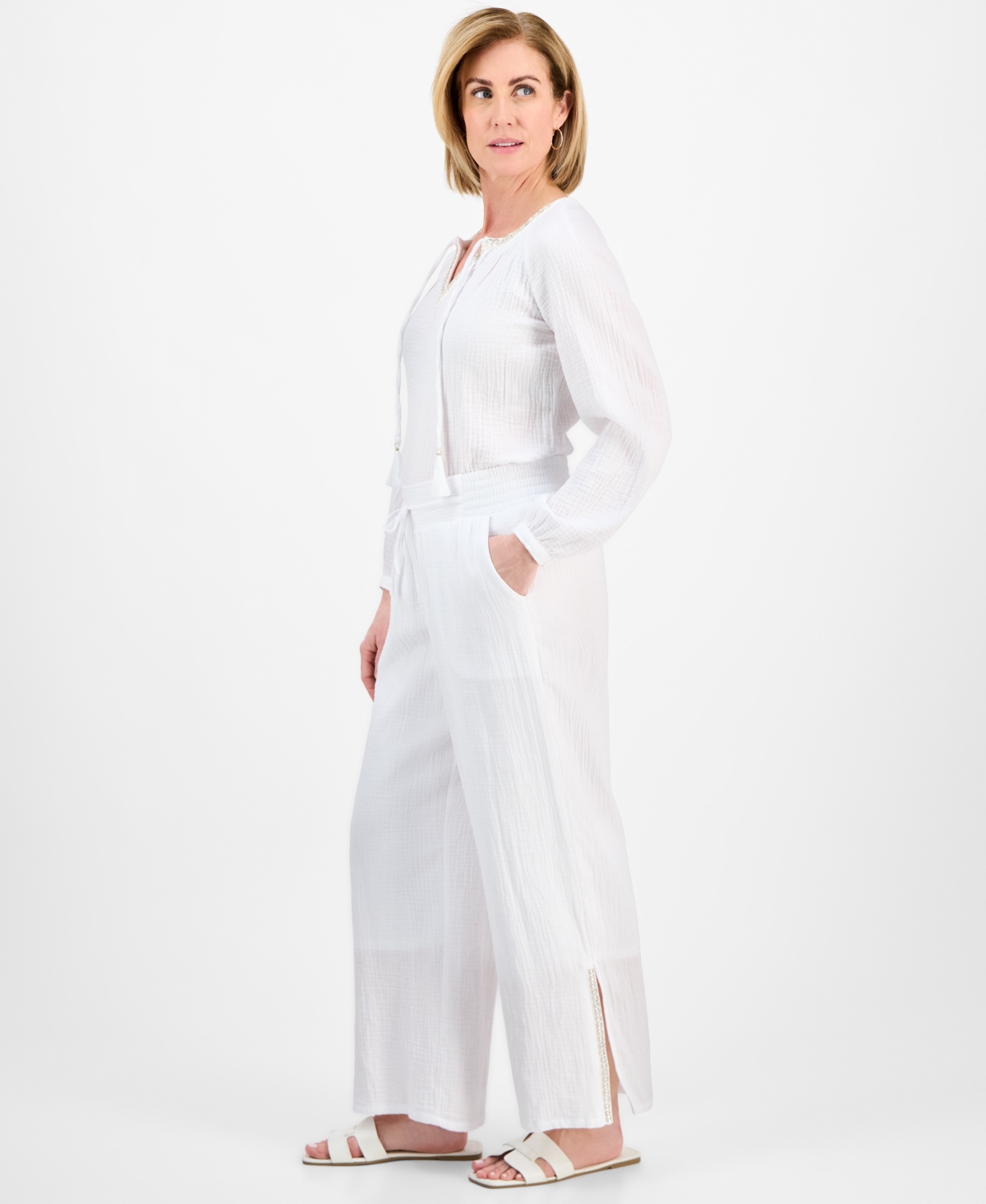 JM COLLECTION PETITE GAUZE SPLIT-HEM WIDE-LEG PANTS, EXCLUSIVELY AT MACY'S 