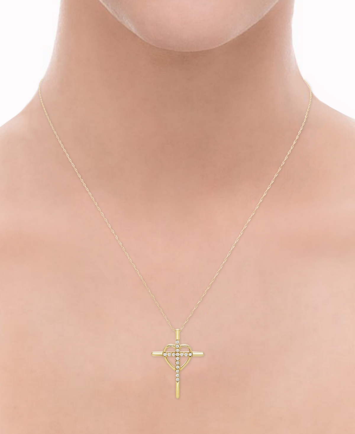 MACY'S DIAMOND HEART & CROSS 18" PENDANT NECKLACE (1/6 CT. T.W.) IN 10K GOLD 