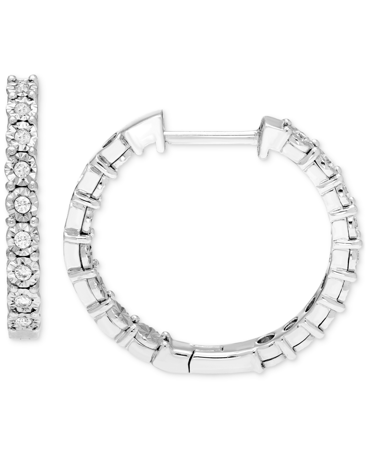 Macy's Diamond Sunray Textured Small Hoop Earrings (1/4 Ct. T.w.) In Sterling Silver. 0.9" In Sterling S