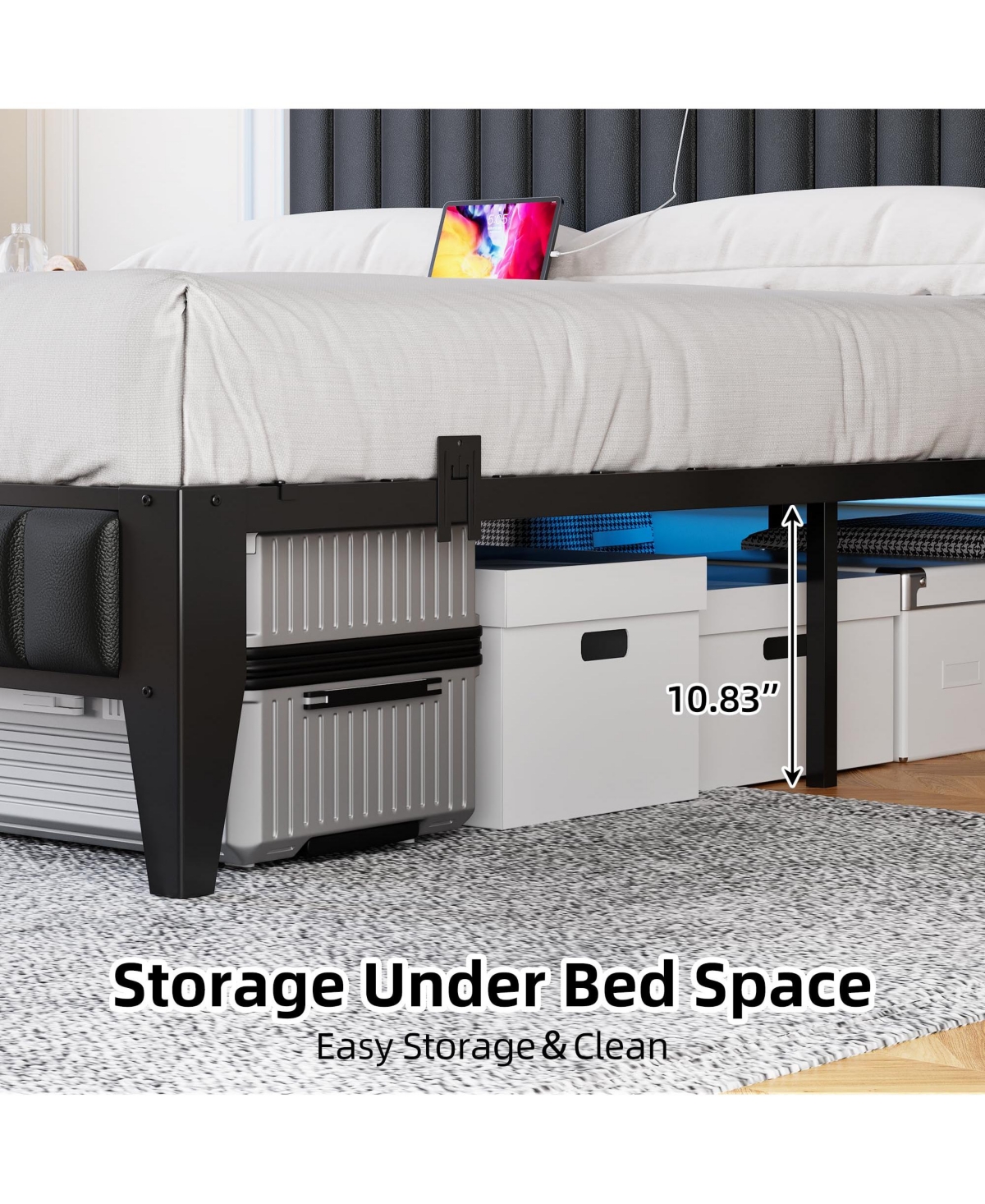 gaomon Queen Bed Frame with Charging Station, Led Bed Frame with Storage Headboard, Upholstered Platform Bed Frame