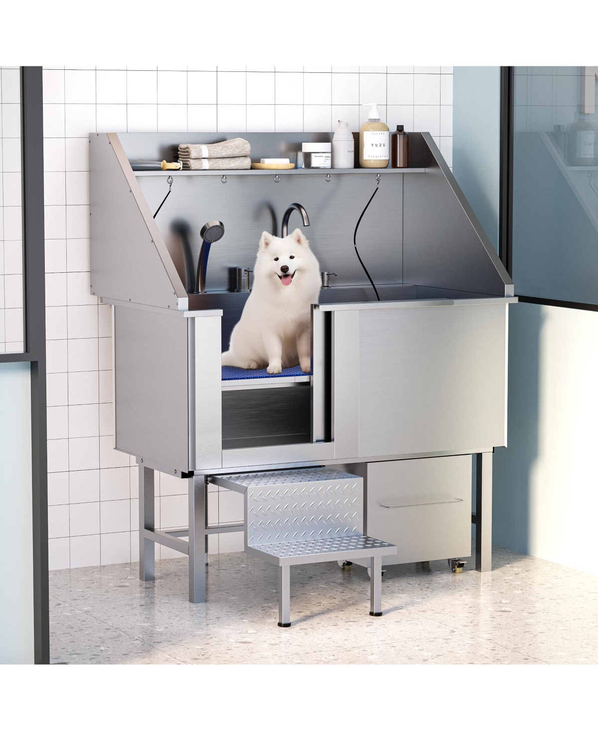 50 in. Dog Washing Station with Sink, Storage, Drawer and Ladder - Silver