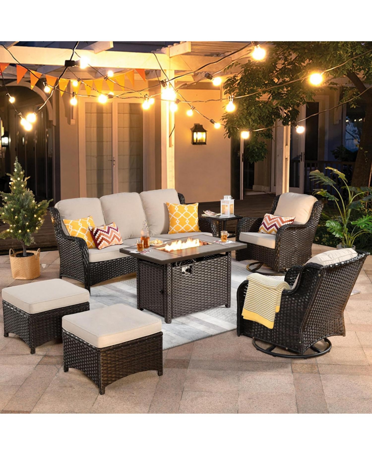 Xizzi Outdoor Swivel Rocking Chairs Set, Patio Furniture Set with 50,000 Btu Rectangular Propane Fire Pit Table, 7 Pieces High Back Conversation Sofa