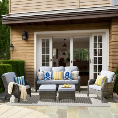 Outdoor Furniture Patio Furniture Conversation Set 5 Pieces All Weather Wicker High Back Couch with Ottomans
