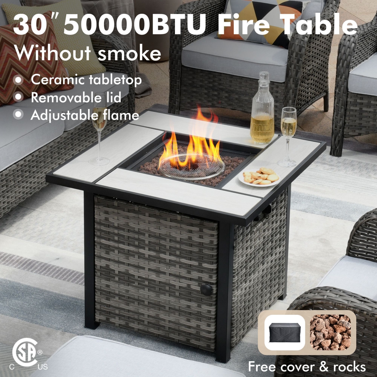 Xizzi Patio Furniture Sets Outdoor Swivel Rocking Chairs with 50,000 Btu Propane Fire Pit Table 7 Pieces All Weather Pe Wicker Conversation Sofa and M