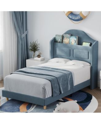 Upholstered Twin Bed Frame with LED Lights, Velvet Platform Bed Frame with Wing Back Storage Headboard, Wood Slats Support, No Box Spring Needed, Easy Assembly