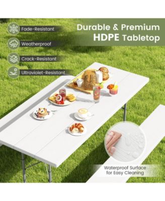 Folding Picnic Table Set with Metal Frame and All-Weather HDPE Tabletop, Umbrella Hole