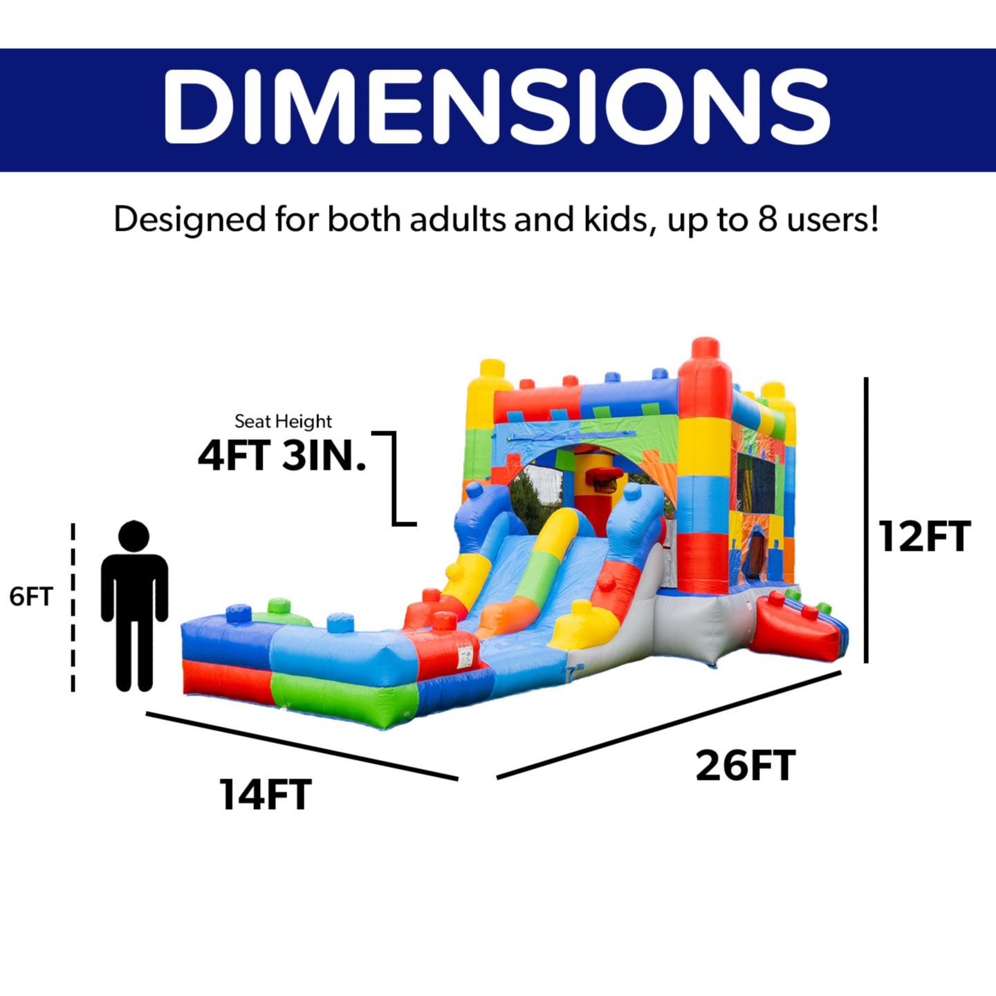 Детская игрушка HERO Kiddo Block Party 26'L x 14'W x 12'H Vinyl Inflatable Water Slide Bounce House with Splash Pool, Up to 8 Players, Ages 3+ — фото 6
