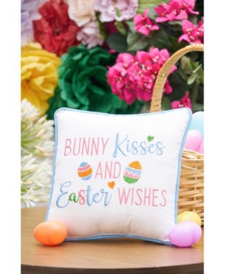 Easter "Bunny Kisses & Easter Wishes" Embroidered Small/Petite Spring Themed Accent Pillow, 10" x 10"