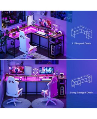 L Shaped Desk with Drawers and Led Lights, 55 Inch Computer Desk with Shelves & Monitor Stand, L Shaped Computer Desk with USB Charging Port and Power Outlets, Home Office Desk Corner Desk