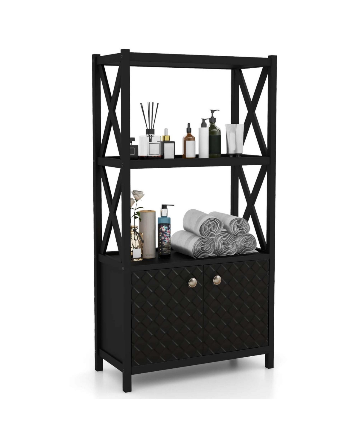 Bathroom Storage Cabinet with Open Shelves & Double Doors Modern Storage Organizer - Black
