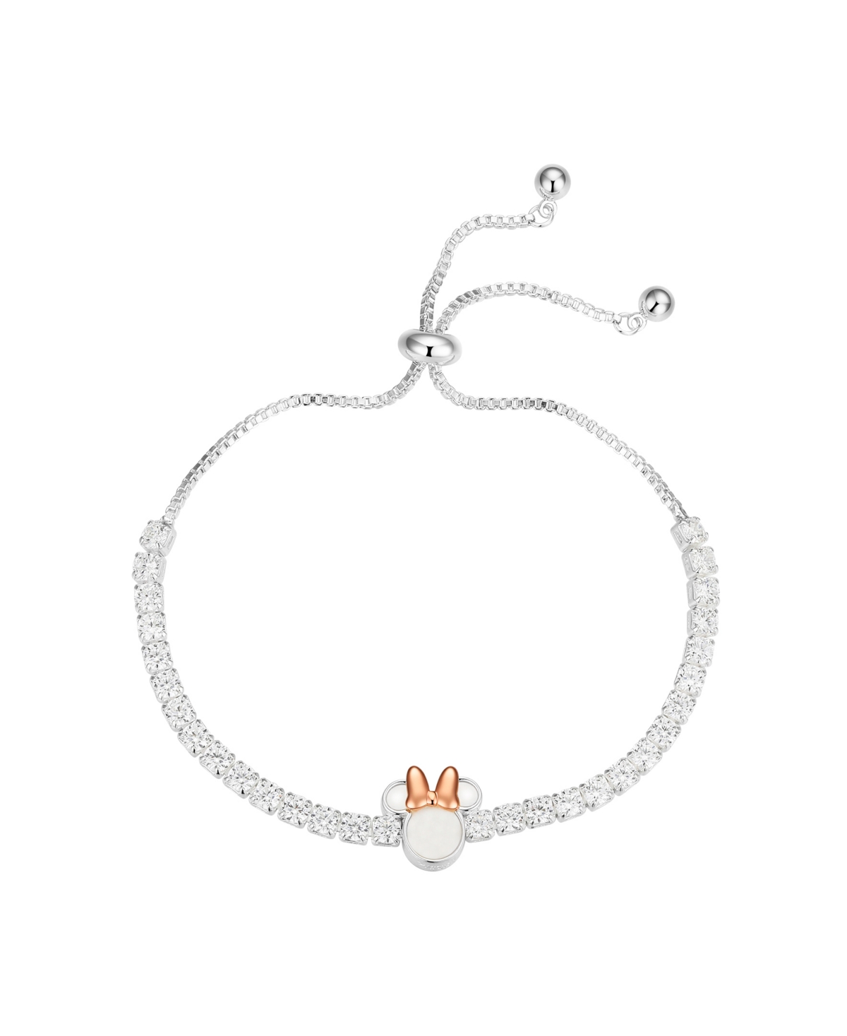 Disney Mother Of Pearl Minnie Mouse Cubic Zirconia Adjustable Bolo Bracelet In Rose Gold Two Tone