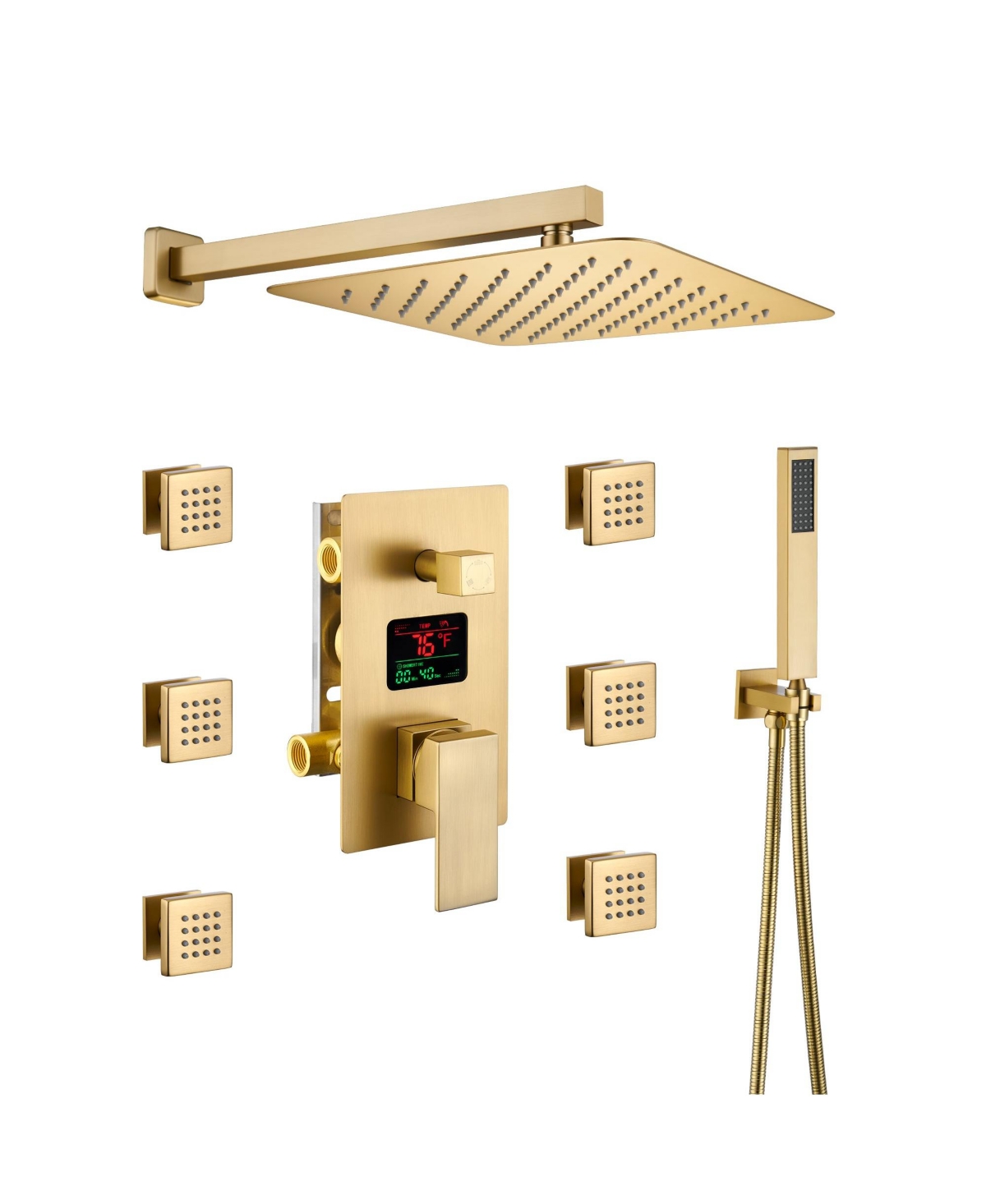 Brushed Gold Wall Mount Thermostatic Rain Shower System with Handheld Shower Shower System with Side Body Jets and Digital Display - Brushed gold