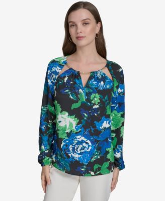 Halston - Women's Floral-Print Chain Cut-Out Blouse