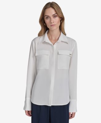 Halston - Women's Utility Collared Button-Front Blouse