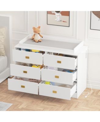 6-drawer, wood & metal, changing table dresser with removable top, power outlets, and pad – nursery station for baby bedroom.