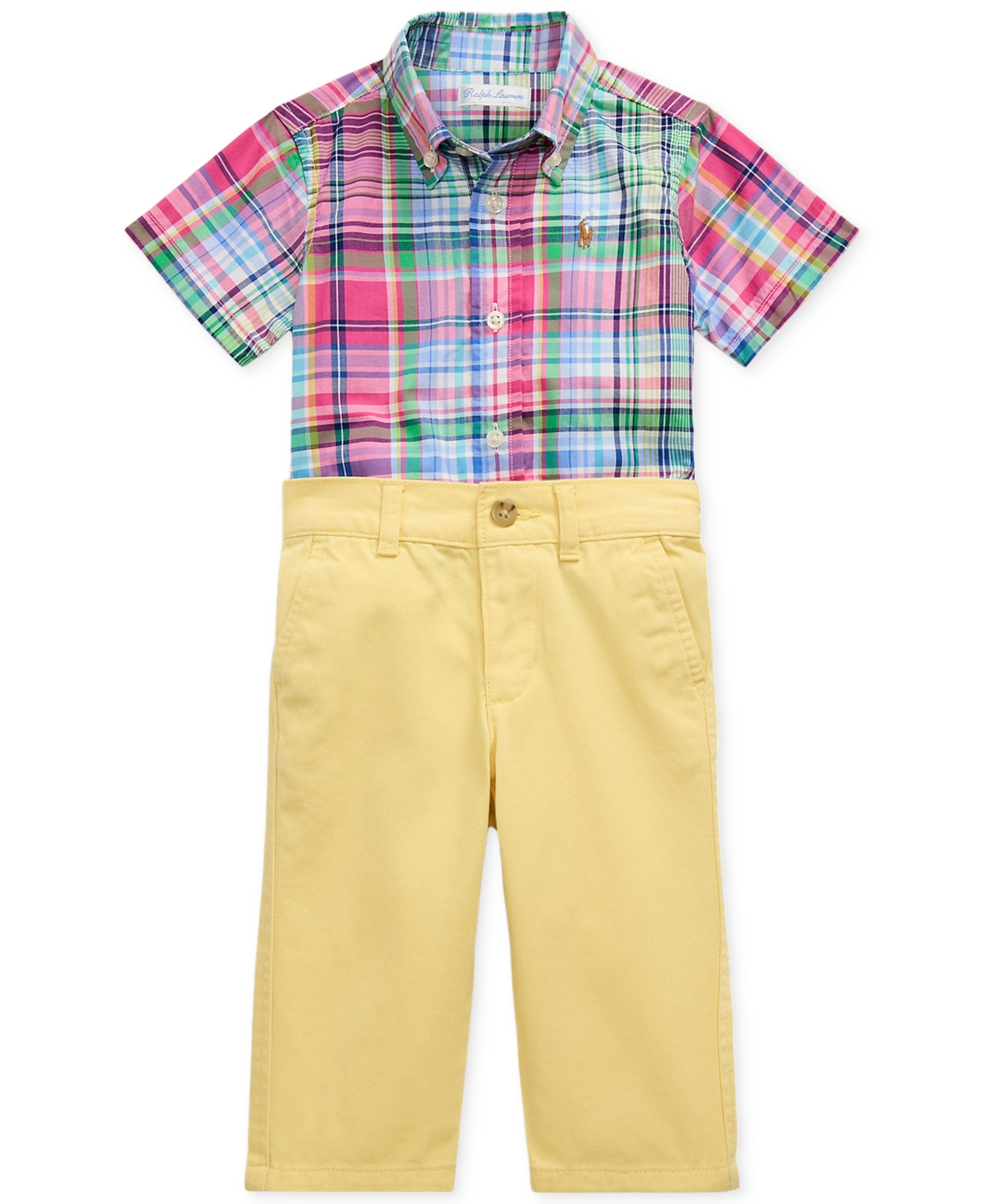 Polo Ralph Lauren Baby Boys Plaid Poplin Shirt & Chino Pants Set In Yellow