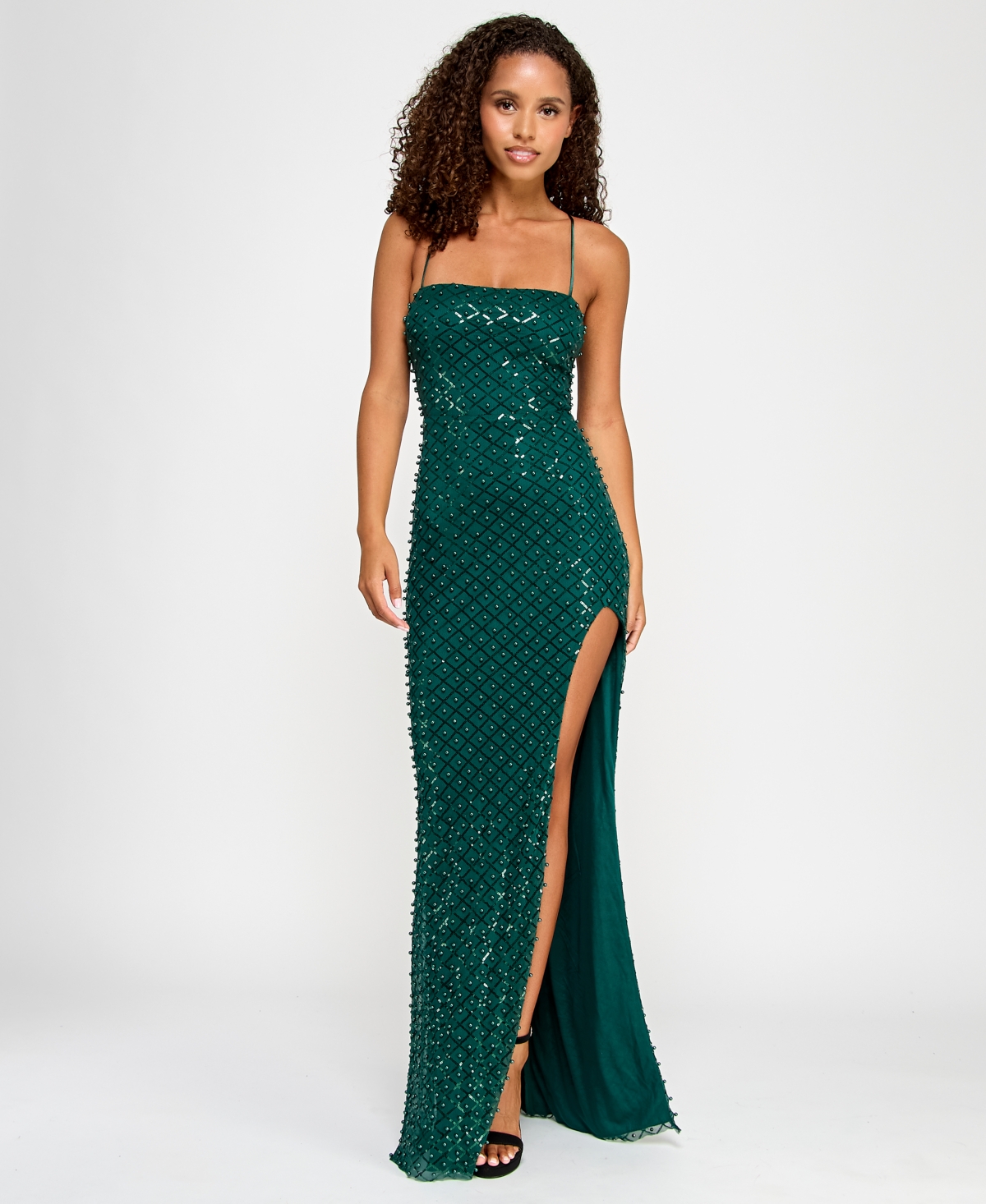 Juniors' Faux Pearl-Sequin Straight-Neck Gown, Created for Macy's - Hunter