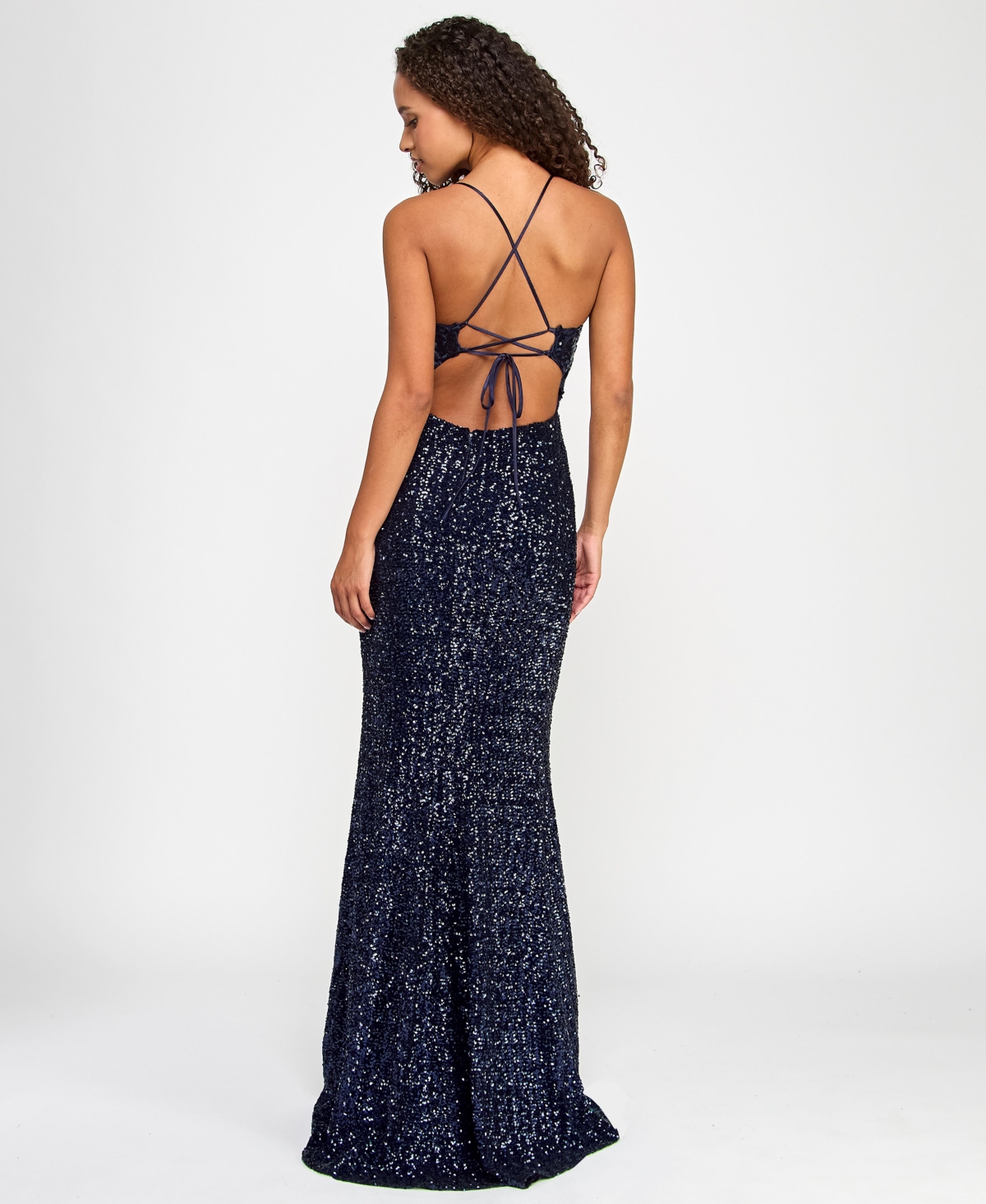 CITY STUDIOS JUNIORS' SEQUIN SIDE-SLIT LACE-UP GOWN 