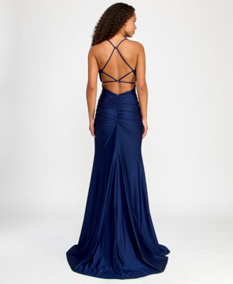 Juniors' Square-Neck Ruched Strappy Sleeveless Gown
