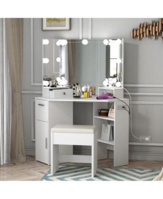 2-Pc MDF Corner Vanity with Mirror Lights, Power Outlet, 2 Drawers, Stool, 3-Color Lighting – Vanity Table