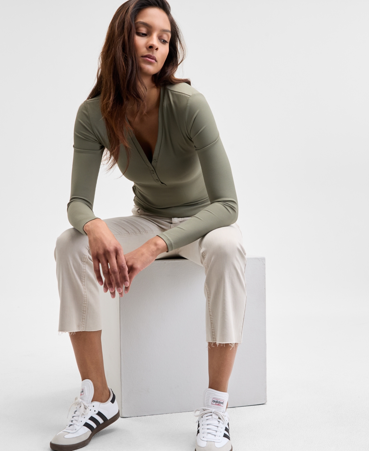And Now This Women's Ribbed Henley-neck Long-sleeve Top, Created For Macy's In Crushed Oregano