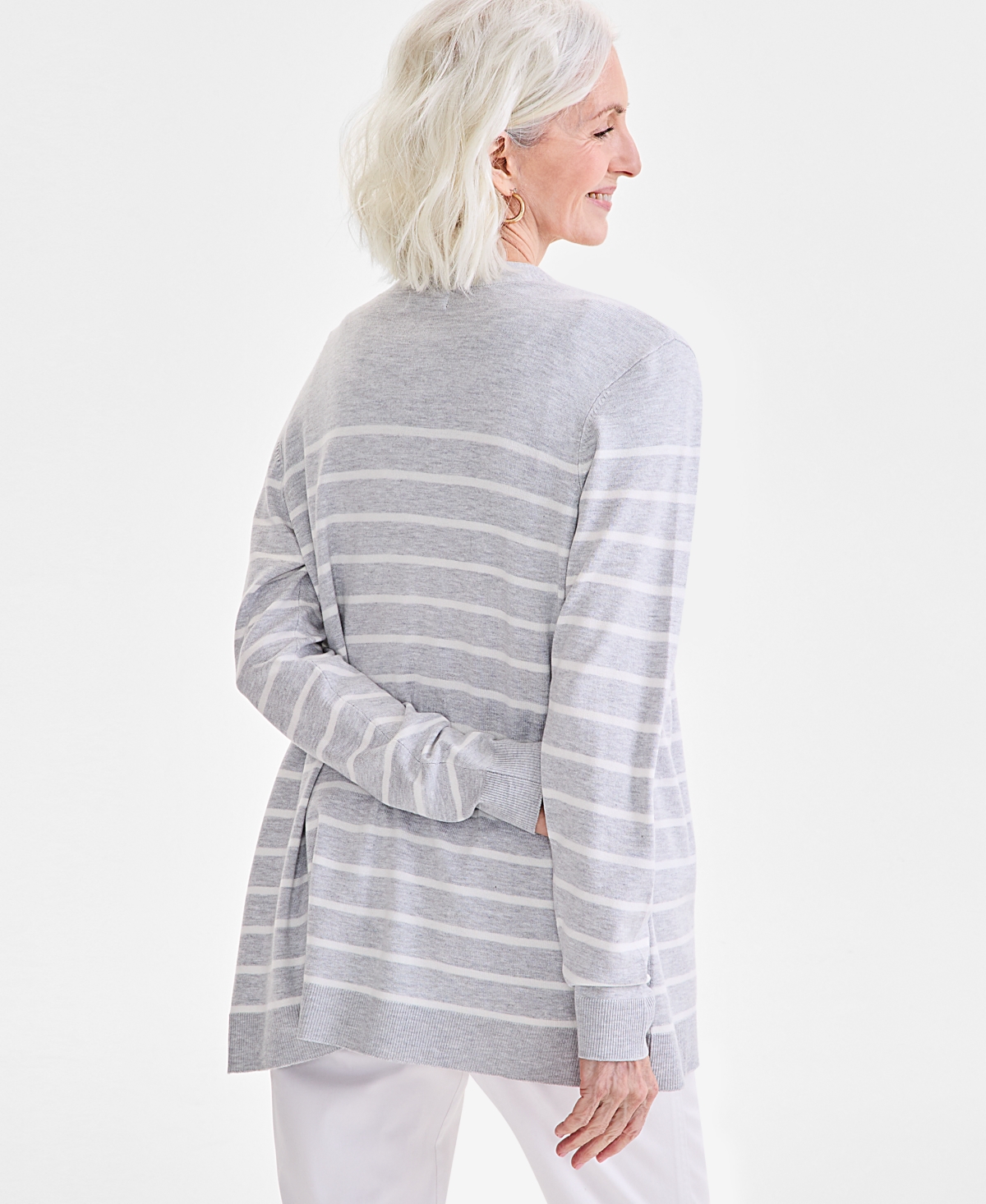 Style & Co Women's Striped Open-front Long-sleeve Cardigan, Exclusively At Macy's In Stripe Heather Grey
