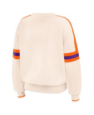 Women's Cream Clemson Tigers Chenille Woven Patch Stripe Pullover Sweater