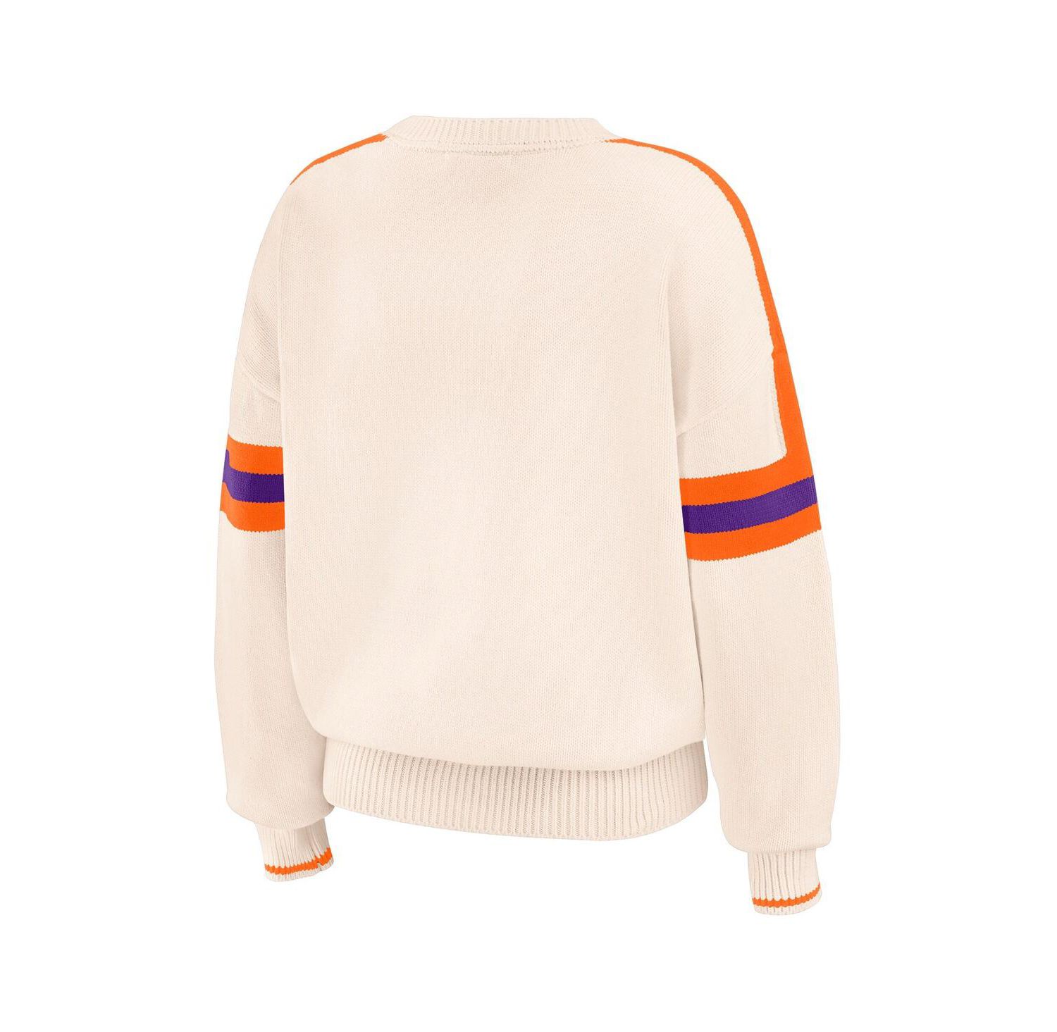 Women's Cream Clemson Tigers Chenille Woven Patch Stripe Pullover Sweater