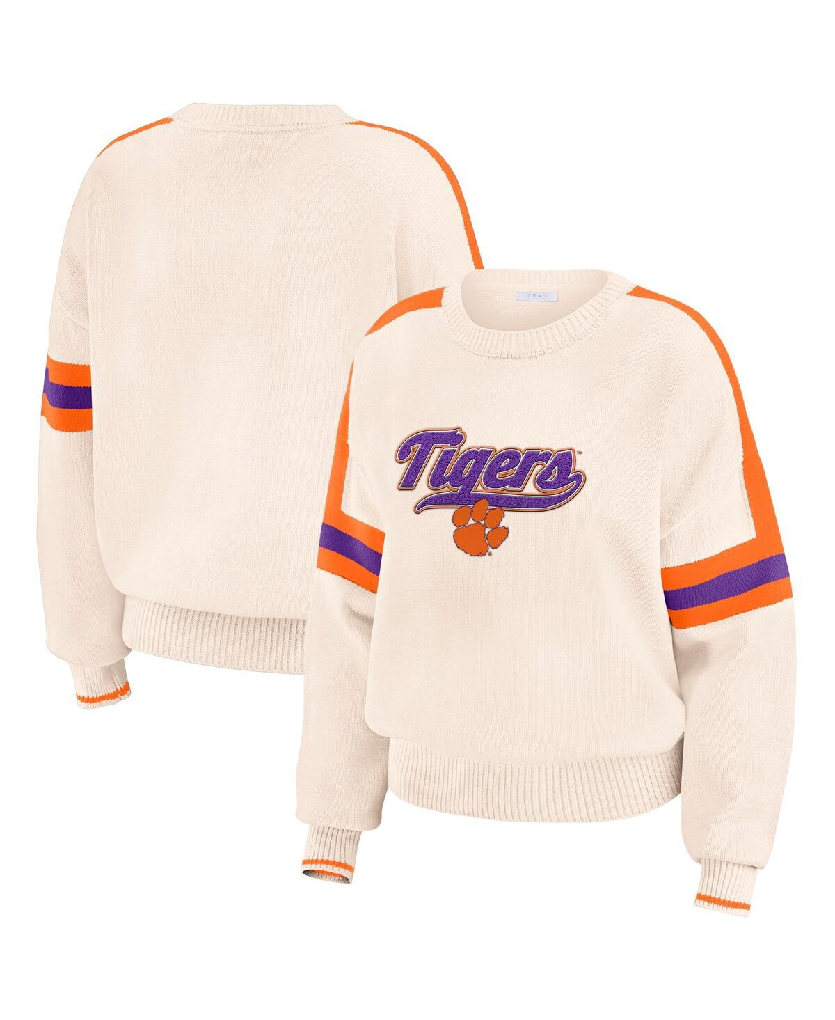 Women's Cream Clemson Tigers Chenille Woven Patch Stripe Pullover Sweater - Cream, Orange